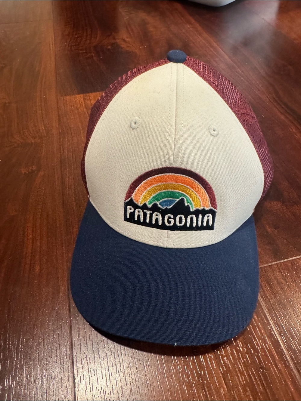 Patagonia Burgundy Mesh Trucker Hat with Rainbow Patch